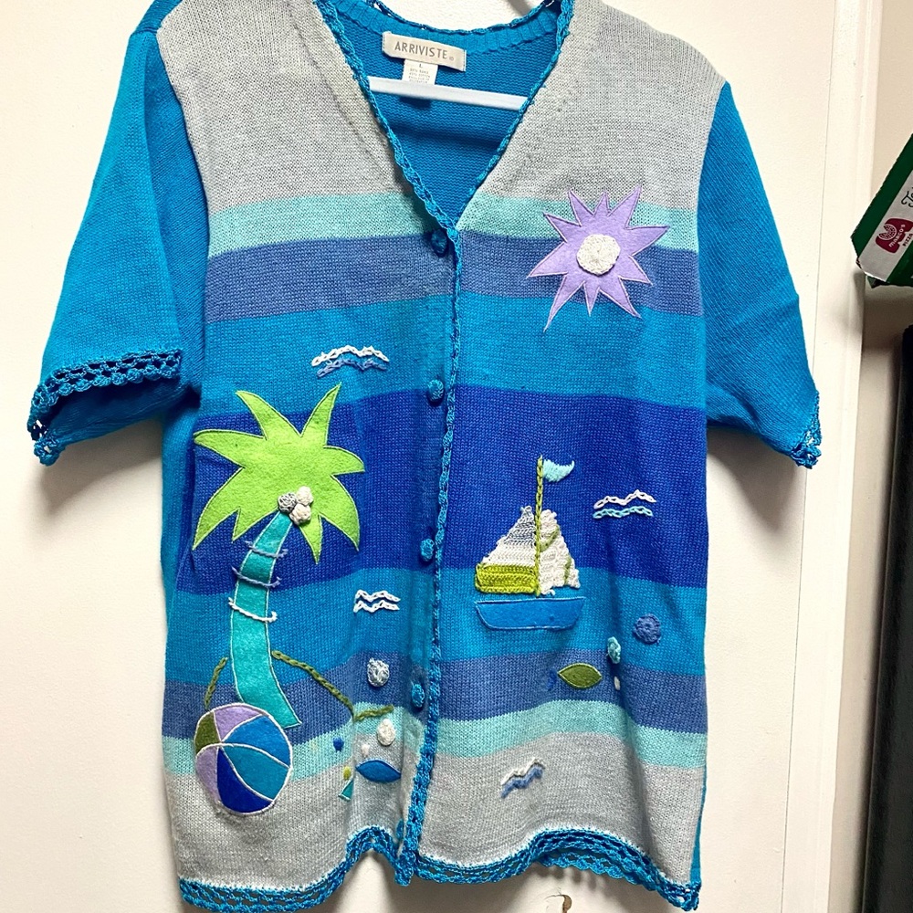 Fun unique 80s/90s vintage embroidered cardigan beach nautical theme teal green